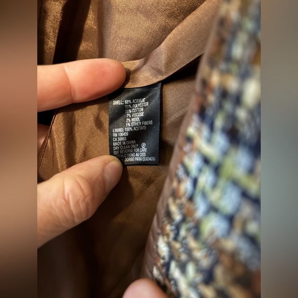 Vintage TAHARI Brown Wool Blend Tweed Plaid Knit Raw Hem Fringe Blazer Jacket - Picture 7 of 12